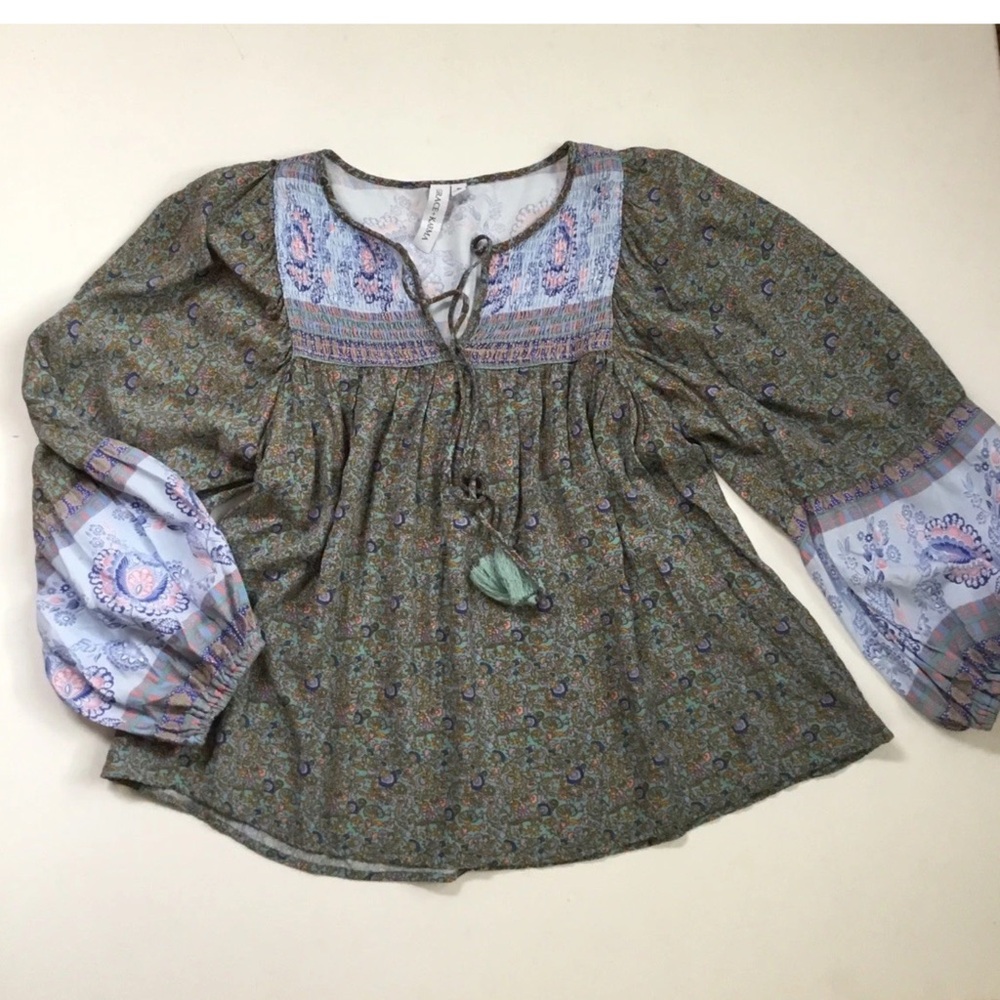 Grace + Karma Boho Blouse Top Floral Peasant Puff Sleeve Fairy